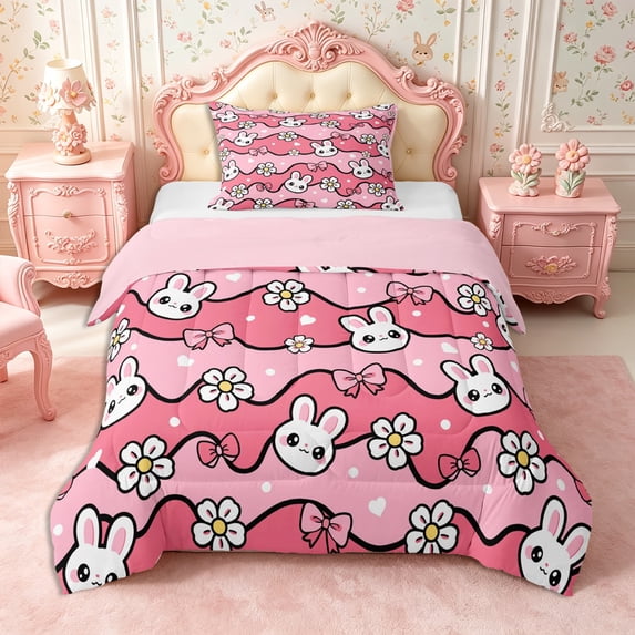 Manfei Kawaii Rabbit Twin Comforter Sets 2pcs,Flowers Ribbon Bow Bedding Set,1 Comforter and 1 Pillowcase,Reversible