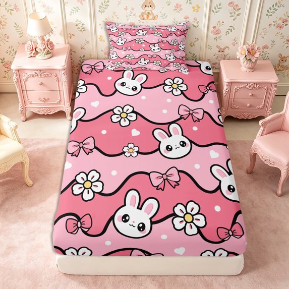 Manfei Kawaii Rabbit Twin Fitted Sheet 2 Pieces,Flowers Ribbon Bow Bedding,1 Fitted Sheet and 1 Pillowcase