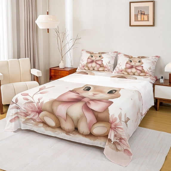 Feelyou Kawaii Rabbit Twin Sheet Sets, Princess Bowknot Twin Fitted Sheet, Cartoon Bunnies Animal Flat Sheet, Breathable Room Decorative, 3-Piece