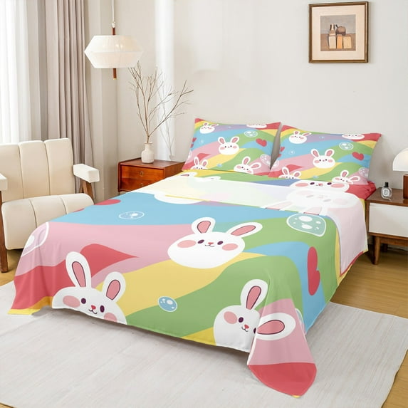 Manfei Kawaii Rabbit Twin Sheet Sets for Girls, Rainbow Stripe Twin Fitted Sheet, Cute Animal Flat Sheet for Kids, Super Cozy Room Decor3 Pieces