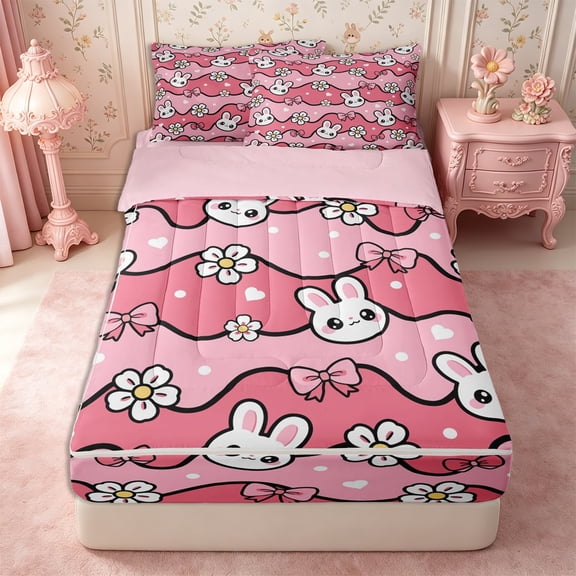 Manfei Kawaii Rabbit Zipper Queen Comforter Set with Fitted Sheet and 2 Pillowcases,Flowers Ribbon Bow Zipper Bedding Set,Reversible