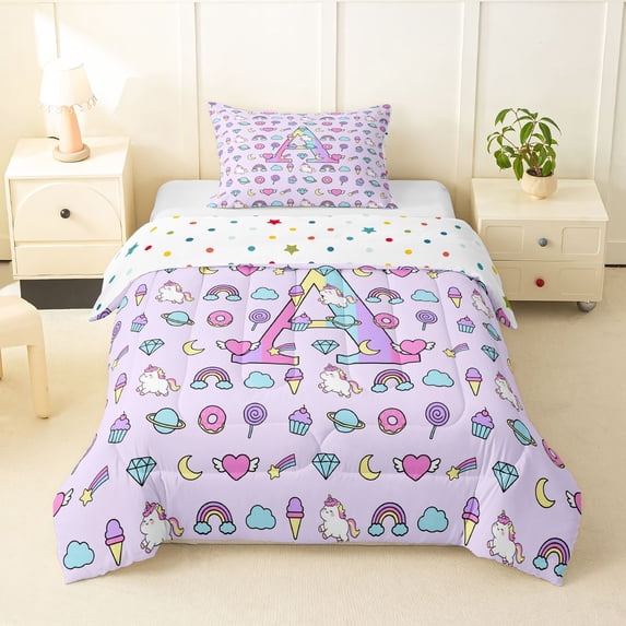 Manfei Kawaii Rainbow Alphabet A Twin Comforter Sets,Dreamy Unicorn Bedding Set,Purple,Polkadot Reversible,2-Piece,1 Comforter and 1 Pillowcase