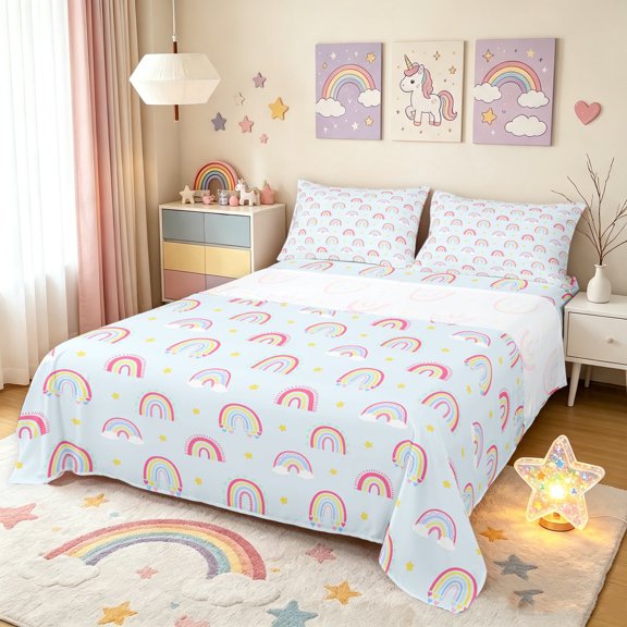 Manfei Kawaii Rainbow Bed Sheets, Star Cloud Full Size Sheets, Blue, 4pcs, 1 Flat Sheet, 1 Fitted Sheet and 2 Pillowcases