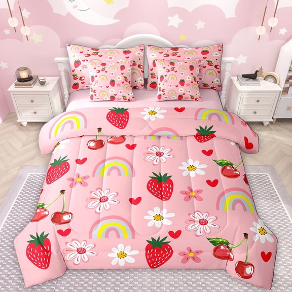 Manfei Kawaii Rainbow Daisy 7-Piece Bedding Comforter Set,Sweet Strawberry Fruit King Bedding Sets,Pink Red White Bed Sheets For Girl,Luxury Bedroom Decor Reversible