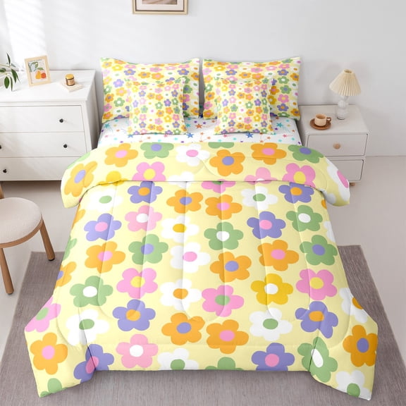 Manfei Kawaii Rainbow Daisy Bedding Comforter Set 7 Pieces,Cartoon Flower Floral Full Bedding Set,Yellow Pink Orange Fitted Sheet Flat Sheet For Girl Teens,Ultra Soft Home Decor Reversible