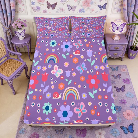 Manfei Kawaii Rainbow Fitted Sheet Queen 3-Piece,Flowers Butterflies Bedding,1 Fitted Sheet and 2 Pillowcases