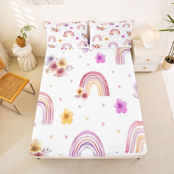 Manfei Kawaii Rainbow Fitted Sheet Queen, Watercolor Cherry Blossoms Bedding, White Pink, 3 Pieces, 1 Fitted Sheet and 2 Pillowcases