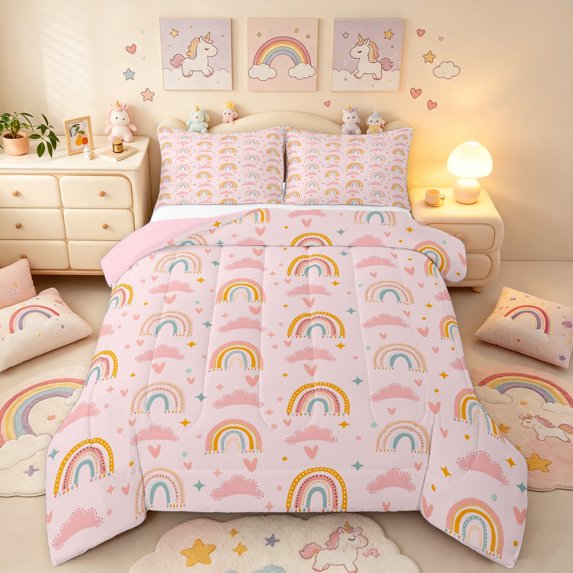 Manfei Kawaii Rainbow Full Size Comforter Sets, Graffiti Love Heart Bedding Comforter Set, Pink, Pink Reversible, 3pcs, 1 Comforter and 2 Pillowcases