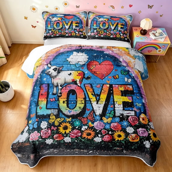Manfei Kawaii Rainbow Love Twin Quilt Set, Watercolor Groovy Daisy Twin Coverlet Set, Navy, 2 Pieces, 1 Bedspread and 1 Pillowcase