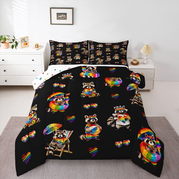 Manfei Kawaii Rainbow Pattern Queen Comforter Set,Cartoon Animal Comforter Sets Queen,Black,Polkadot Reversible,3pcs,1 Comforter and 2 Pillowcases