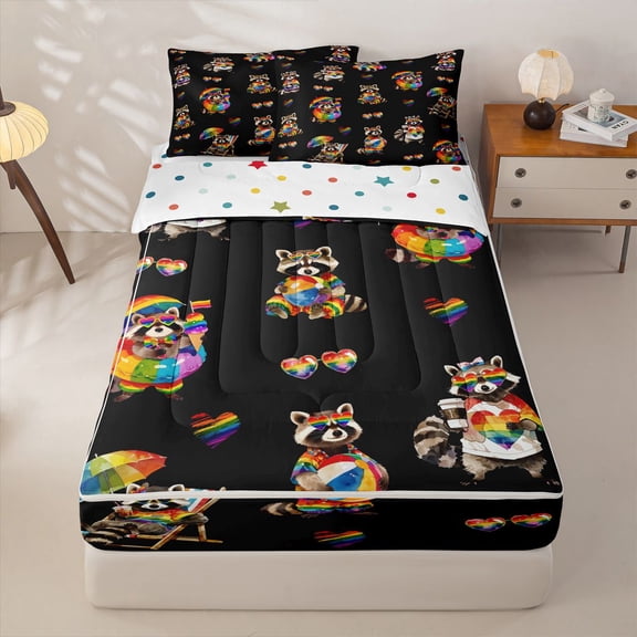 Manfei Kawaii Rainbow Pattern Zipper Twin Comforter Sets with Fitted Sheet and 2 Pillowcases,Cartoon Animal Zipper Bedding Set,Black,Polkadot Reversible,4pcs