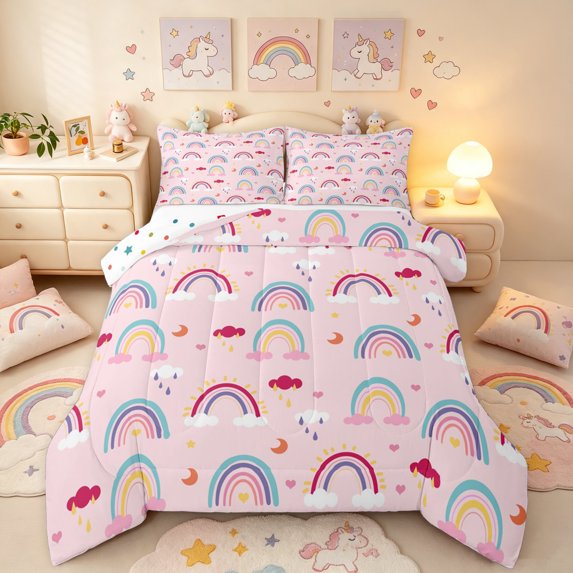 Manfei Kawaii Rainbow Queen Comforter Set, Cartoon Cloud Moon Comforter Sets Queen, Pink, Polkadot Reversible, 3pcs, 1 Comforter and 2 Pillowcases