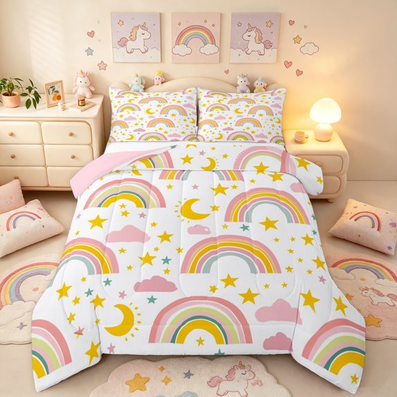 Manfei Kawaii Rainbow Queen Comforter Set, Daisy Stars Moon Comforter Sets Queen, White Orange Pink, Pink Reversible, 3 Pieces, 1 Comforter and 2 Pillowcases