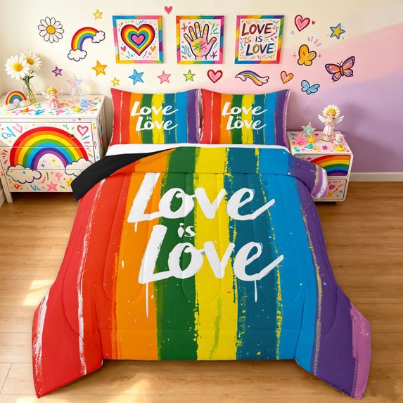Manfei Kawaii Rainbow Queen Comforter Set, Printing Love is Love Comforter Sets Queen, Orange Blue, Black Reversible, 3 Pieces, 1 Comforter and 2 Pillowcases