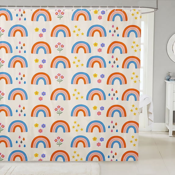 Manfei Kawaii Rainbow Shower Curtain 72Wx78L, Cartoon Flower Bath Curtain, Cream