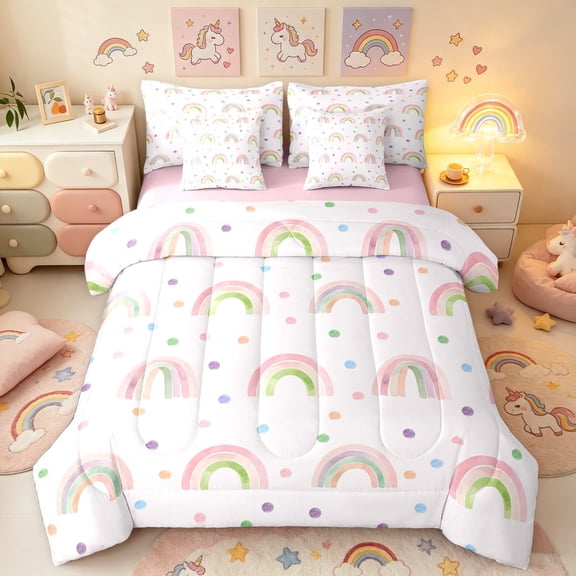 Manfei Kawaii Rainbow Twin Bedding, Colorful Polka Dots Bedding Comforter Set, Light Pink, Pink Reversible, 7-Piece