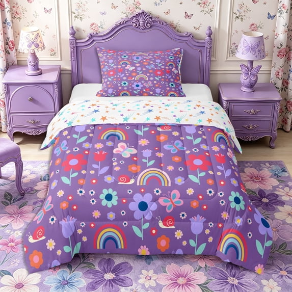 Manfei Kawaii Rainbow Twin Comforter Sets 2pcs,Flowers Butterflies Bedding Set,1 Comforter and 1 Pillowcase,Reversible