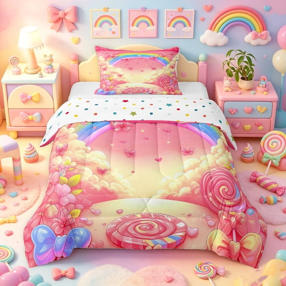 Manfei Kawaii Rainbow Twin Comforter Sets, Candy Butterfly Bedding Set, Hot Pink, Polkadot Reversible, 2-Piece, 1 Comforter and 1 Pillowcase