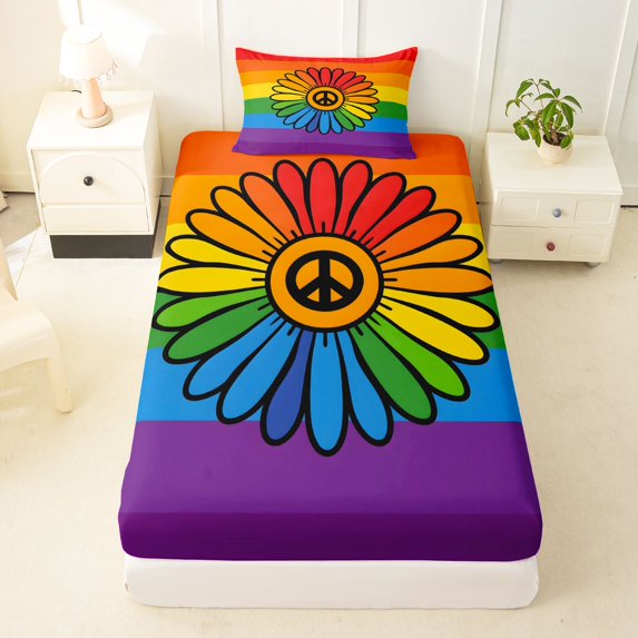Manfei Kawaii Rainbow Twin Fitted Sheet, Love and Peace Groovy Bedding, Purple Orange, 2pcs, 1 Fitted Sheet and 1 Pillowcase