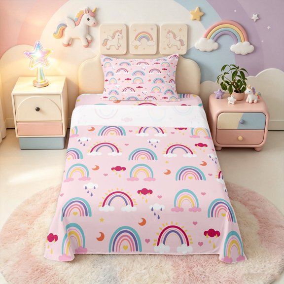 Manfei Kawaii Rainbow Twin Sheets, Cartoon Cloud Moon Bedding, Pink, 3pcs, 1 Flat Sheet, 1 Fitted Sheet and 1 Pillowcase