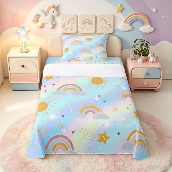 Manfei Kawaii Rainbow Twin Sheets, Galaxy Astrology Bedding, Light Blue, 3 Pieces, 1 Flat Sheet, 1 Fitted Sheet and 1 Pillowcase