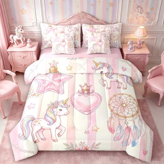 Manfei Kawaii Rainbow Unicorn 7-Piece Twin Bedding,Dreamy Floral Dreamcatcher Bedding Comforter Set,Reversible