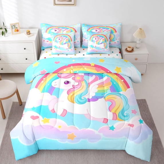 Manfei Kawaii Rainbow Unicorn 7-Piece Twin Bedding,Magical Animals Bedding Comforter Set,Blue Pink Multicolor,Polkadot Reversible