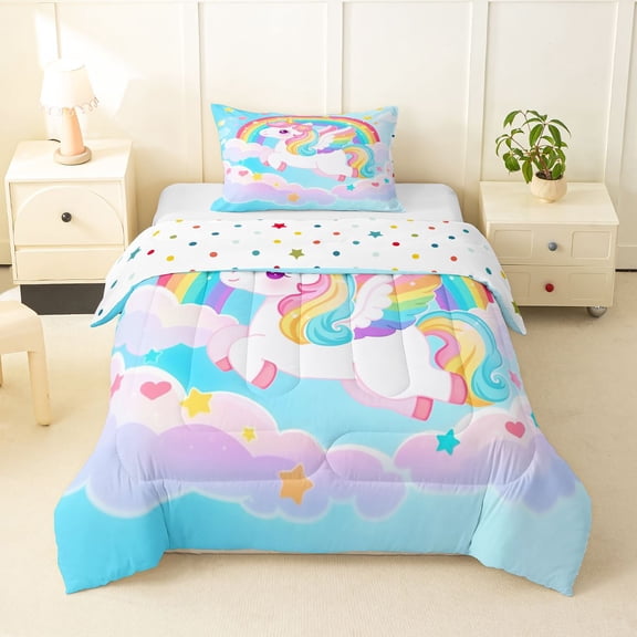 Manfei Kawaii Rainbow Unicorn Twin Comforter Sets,Magical Animals Bedding Set,Blue Pink Multicolor,Polkadot Reversible,2pcs,1 Comforter and 1 Pillowcase