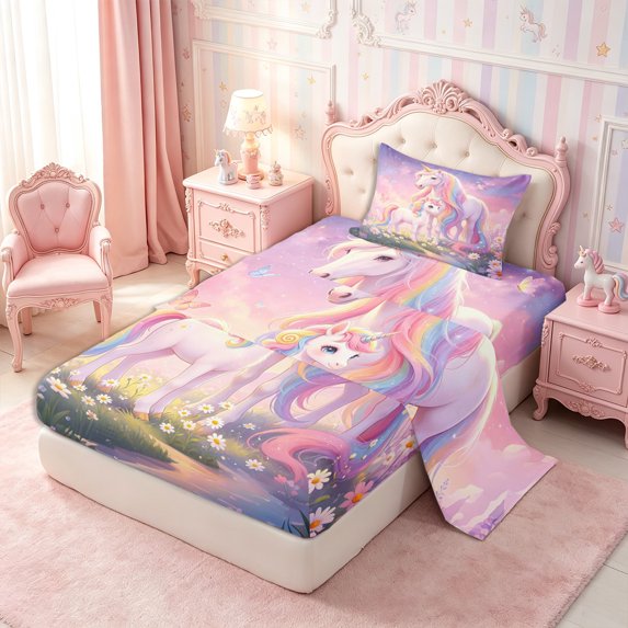 Manfei Kawaii Rainbow Unicorn Twin Sheets 3pcs,Dreamy Floral Galaxy Bedding,1 Flat Sheet,1 Fitted Sheet and 1 Pillowcase