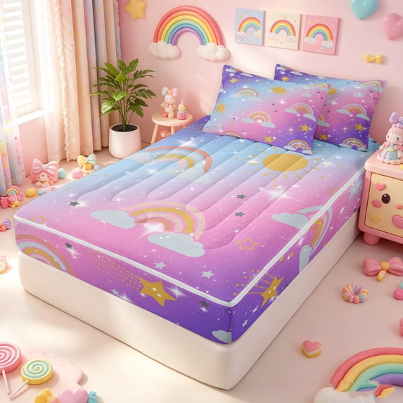 Manfei Kawaii Rainbow Zipper Queen Comforter Set with Fitted Sheet and 2 Pillowcases, Bling Stars Print Zipper Bedding Set, Blue Pink, Stars Reversible, 4pcs