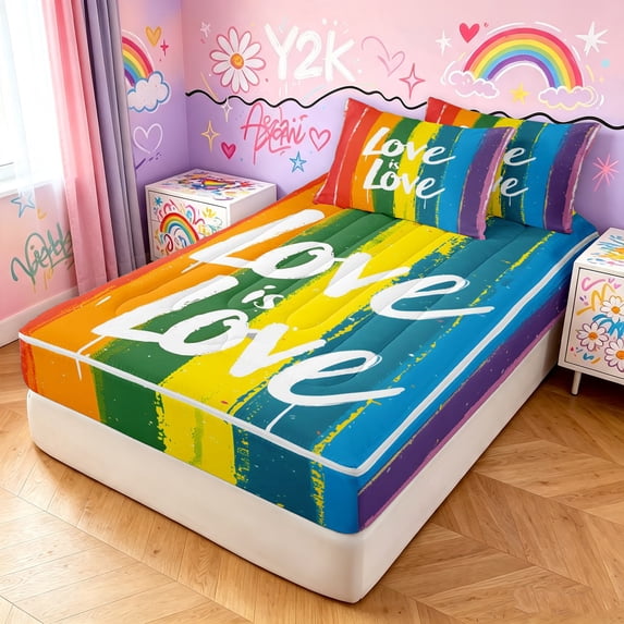 Manfei Kawaii Rainbow Zipper Queen Comforter Set with Fitted Sheet and 2 Pillowcases, Printing Love is Love Zipper Bedding Set, Orange Blue, Black Reversible, 4 Pieces