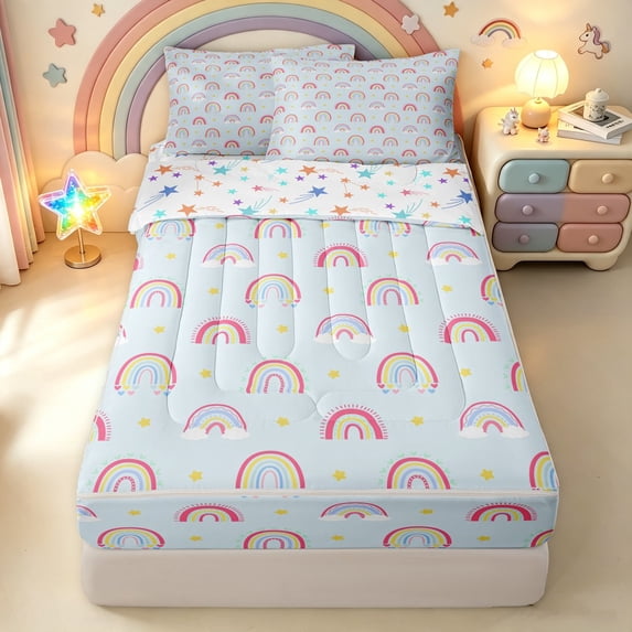 Manfei Kawaii Rainbow Zipper Queen Comforter Set with Fitted Sheet and 2 Pillowcases, Star Cloud Zipper Bedding Set, Blue, Stars Reversible, 4pcs