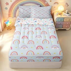 Manfei Kawaii Rainbow Zipper Twin Comforter Sets with Fitted Sheet and 2 Pillowcases, Star Cloud Zipper Bedding Set, Blue, Stars Reversible, 4pcs