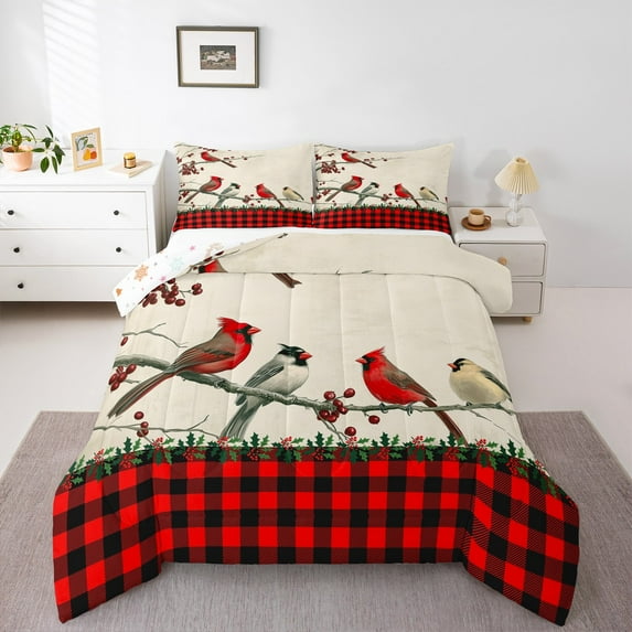 Manfei Kawaii Red Bird Queen Comforter Set, Black Red Buffalo Bedding Sets, Winter Christmas Festival Reversible Bedding Comforter Set, Ultra Soft Home Decor, 3pcs