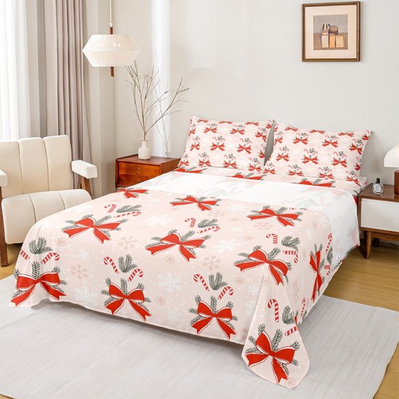 Manfei Kawaii Red Bowknot Bed Sheets, Winter Christmas Snowflake King Sheets, Teens Girls Kids Sheet Set, Microfiber Bedroom Decor, 4pcs