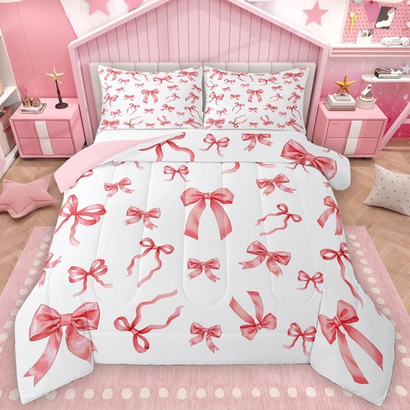 Manfei Kawaii Red Bowknot Bedding Comforter Set for Girl, Cute Cartoon Ribbon Twin Comforter Sets, Princess Style Reversible Bedding Set, Lightweight Room Decor, 2-Piece