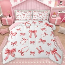 Manfei Kawaii Red Bowknot Bedding Comforter Set for Girl, Cute Cartoon Ribbon Twin Comforter Sets, Princess Style Reversible Bedding Set, Lightweight Room Decor, 2-Piece