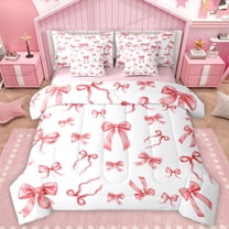 Manfei Kawaii Red Bowknot Twin Bedding Sets 7-Piece for Girl, Cute Cartoon Ribbon Bedding Comforter Set, Princess Style Reversible Sheet Sets, Lightweight Room Decor