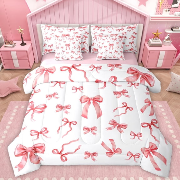 Manfei Kawaii Red Bowknot Twin Bedding Sets 7-Piece for Girl, Cute Cartoon Ribbon Bedding Comforter Set, Princess Style Reversible Sheet Sets, Lightweight Room Decor