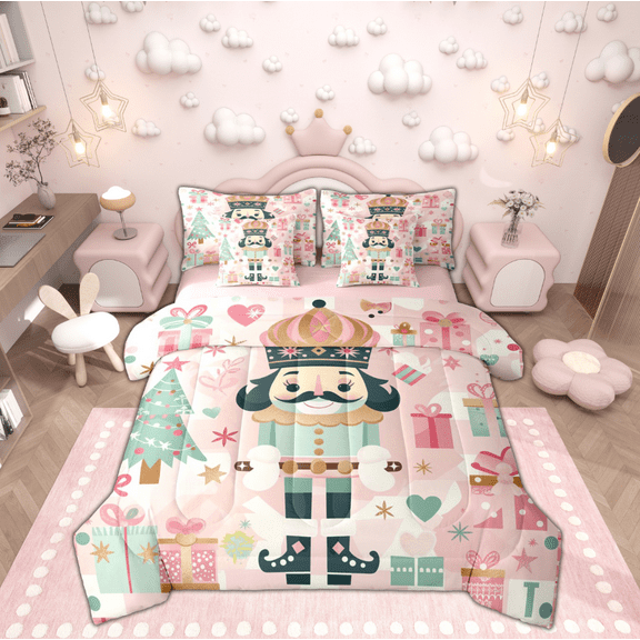 Manfei Kawaii Retro Nutcracker Twin Bedding Sets 7-Piece, Cartoon Christmas Gifts Bedding Comforter Set, Kids Teen Child Reversible Sheet Sets, Super Cozy Room Decor