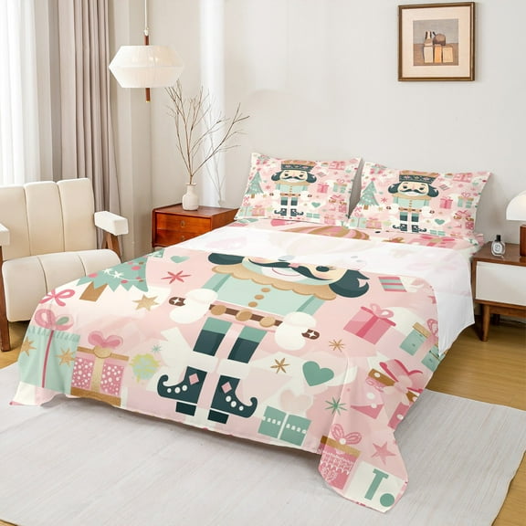 Manfei Kawaii Retro Nutcracker Twin Sheet Sets, Cartoon Christmas Gifts Twin Fitted Sheet, Kids Teen Child Flat Sheet, Super Cozy Room Decor, 3-Piece