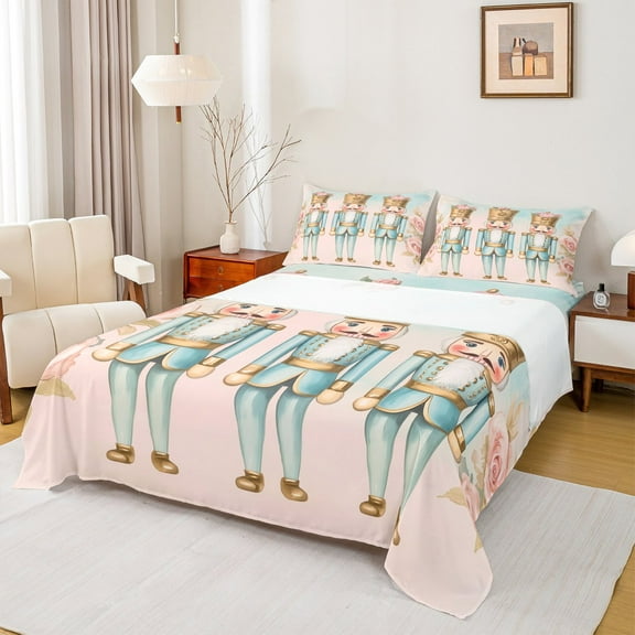 Manfei Kawaii Retro Nutcracker Twin Sheet Sets, Garden Pink Rose Floral Twin Fitted Sheet, Kids Teen Child Flat Sheet, Luxury Bedroom Decor, 3 Pieces