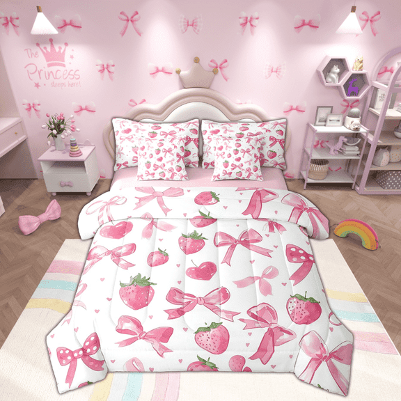 Manfei Kawaii Ribbon Bed in a Bag Queen size, Pink Strawberry Bed Set, Cartoon Bowknot Reversible Bedding Queen Size, Lightweight Room Decor, 7 Pieces