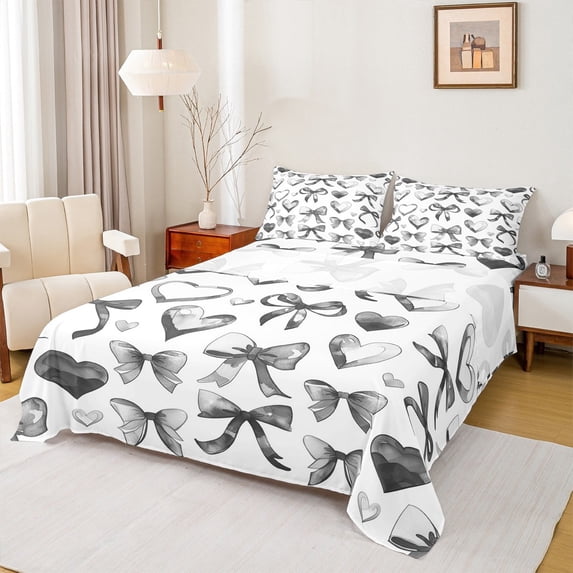 Manfei Kawaii Ribbon Bed Sheets Set Queen Size, Grey Love Heart Bed Sheets Queen, Cartoon Bowknot Bedding Queen Size, Super Cozy Room Decoration, 4pcs
