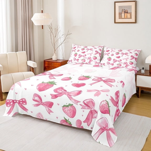 Manfei Kawaii Ribbon Bed Sheets Set Twin Size, Pink Strawberry Bed Sheets Twin, Cartoon Bowknot Bedding Twin Size, Lightweight Room Decor, 3 Pieces