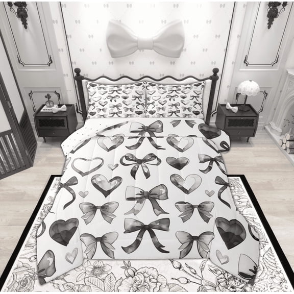 Manfei Kawaii Ribbon Bedding Sets Full with Comforter, Grey Love Heart Comforter Sets Full Size, Cartoon Bowknot Reversible Down Comforter, Super Cozy Room Decoration, 3pcs