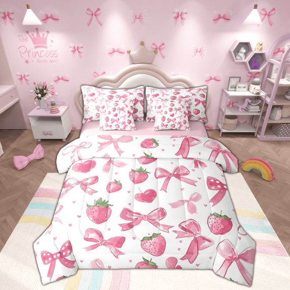 Manfei Kawaii Ribbon Bedding Twin Size, Pink Strawberry Bedding Sets Twin Size, Cartoon Bowknot Reversible Comforter Sets with Sheets, Lightweight Room Decor, 7 Pieces