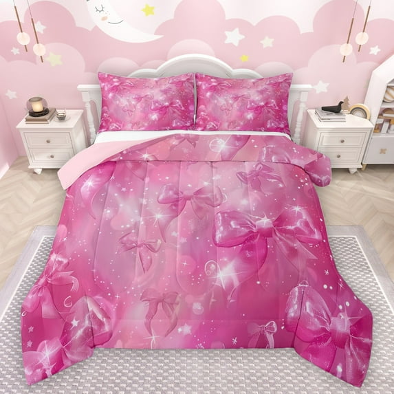 Manfei Kawaii Ribbon Bow 3 Pieces Queen Comforter Set for Girls Female,Bling Pink Glitter Ultra Soft Bedding Sets,Dreamy Princess Bedding Comforter Set Breathable,Super Cozy Room Decor,Reversible