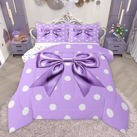 Manfei Kawaii Ribbon Bow Knot 3 Pieces Queen Comforter Set for Girls Female Children,Polka Dots Ultra Soft Bedding Sets,Dreamy Princess Bedding Comforter Set,Microfiber Bedroom Decor