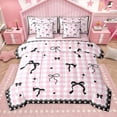 thumbnail image 1 of Manfei Kawaii Ribbon Bow Knot 7-Piece Twin Bedding Sets for Girls Female Children,Geometric Plaid Grid Bedding Comforter Set,Love Heart Print Breathable Sheet Sets,Microfiber Bedroom Decor, 1 of 8